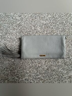 GiGi New York Light Gray Pebbled Leather Tassel Wristlet Clutch
